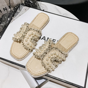 Sandales plates décontractées en perles, souples et brillantes, avec chaînes en strass, confortables et légères, pour la plage - Product Image 2