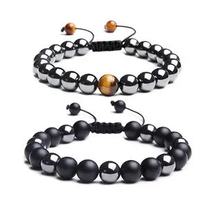 8 MILÍMETROS Hematita Natural Matte Onyx Beads Handmade Retro Fosco Corda Trançada Ajustável Yoga Balance Bracelet Energia de Cura