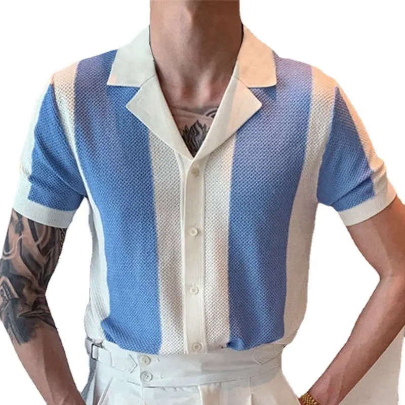 Kemeja Polo Golf kerah rebah untuk pria, pakaian grosir lengan pendek biru putih