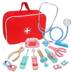 Nuovo prodotto giocattolo medico in legno per bambini kit medico e dentale rosso borsa di stoffa gioco di ruolo i bambini fingono di vestire il gioco