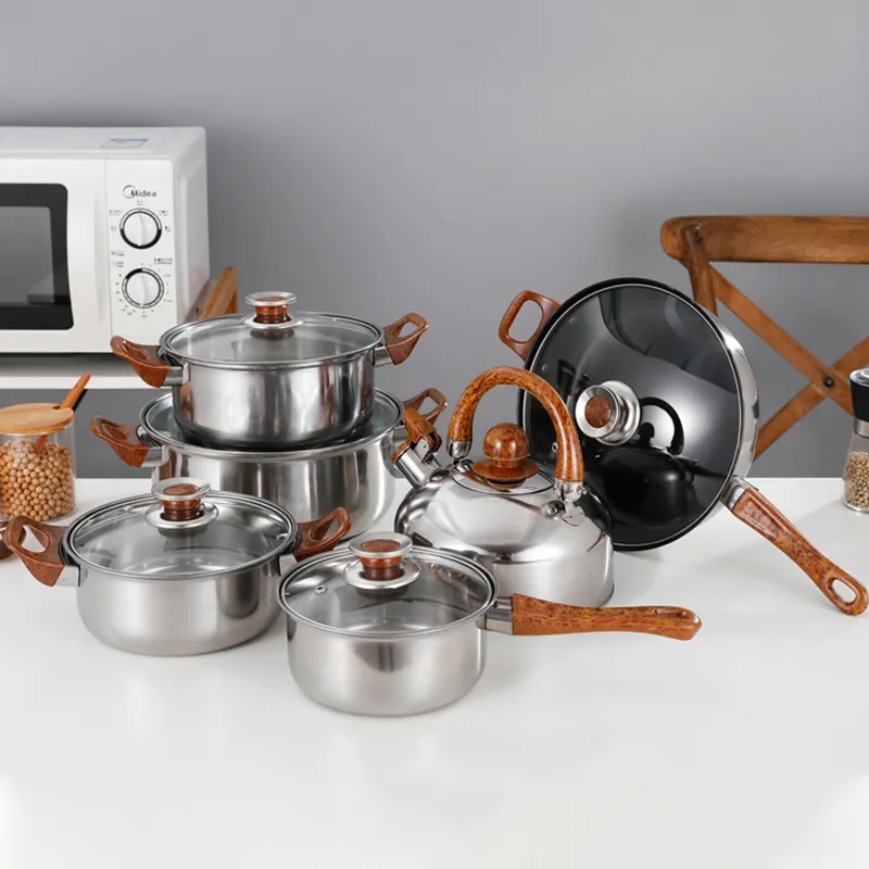 Set panci dapur stainless steel, panci sup, Ketel, peralatan masak, panci dapur, pegangan kayu, panci memasak anti karat