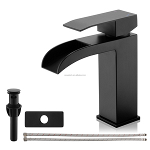 Robinet de lavabo cascade moderne noir mat en laiton, monocommande avec cartouche céramique et siphon de vidange, <span class=keywords><strong>kit</strong></span> complet - Product Image 3