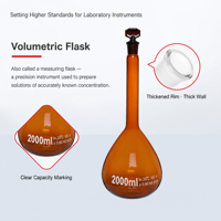 Fioles volumétriques en verre borosilicate transparent à parois épaisses de 2000 ml, résistantes à 20 degrés Celsius, pour laboratoire de chimie