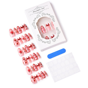 Uñas postizas <span class=keywords><strong>de</strong></span> almendra estilo coquette <span class=keywords><strong>de</strong></span> San Valentín con lazo rojo, fresa y corazón <span class=keywords><strong>de</strong></span> diamantes <span class=keywords><strong>de</strong></span> imitación, uñas <span class=keywords><strong>de</strong></span> gel para adolescentes, venta al por mayor - Product Image 4