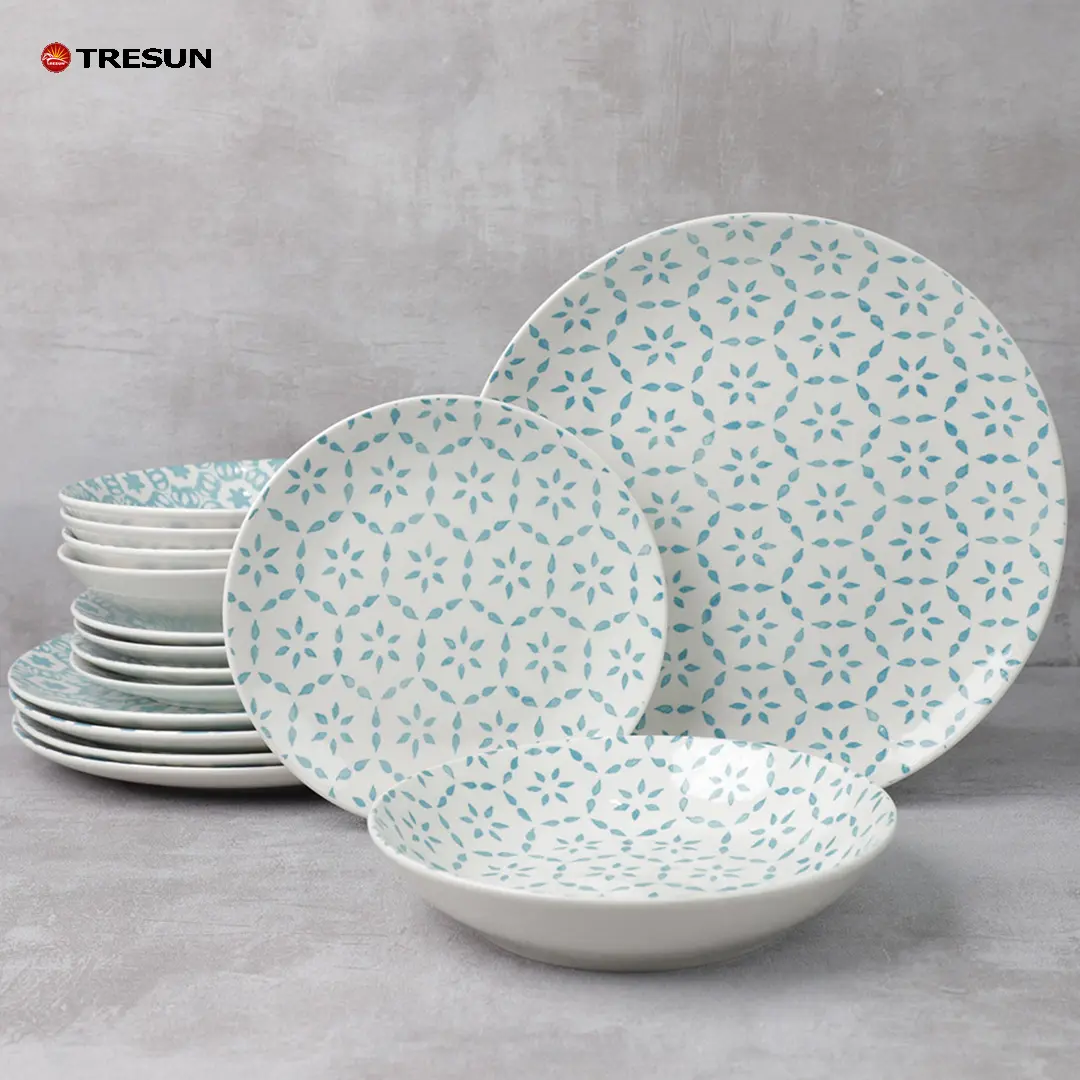 18 pieces service for 6 light blue color design padprinting china factory porcelain ceramic dinnerware set with color box