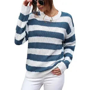 Grosir Sweater lengan panjang bergaris wanita, Sweater Pullover atasan kasual ukuran besar untuk musim dingin