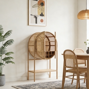 Meuble de bar modulaire en acier inoxydable et bois massif avec rotin tressé, style nordique moderne Wabi-Sabi, pour 40-49 bouteilles - Product Image 3