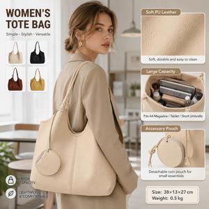 Minimalist <b>Soft</b> PU Leather Hobo Tote Bag Women Large Capacity Casual Shoulder <b>Handbag</b> Wholesale - Product Image 1