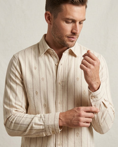 Chemises décontractées pour hommes à manches longues, coupe classique en coton, rayures teintes en fil, fermeture boutonnée avec broderie, à prix exceptionnels - Product Image 5