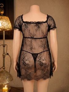 SMOOTH Camicia da Notte Trasparente in Rete Plus Size con Pizzo e Fiocco Ricamo Rosa Lingerie Erotica - Product Image 6