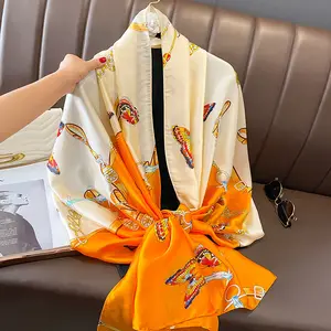 2023 New Fashion Styles Big Silk Scarves Beach Shawl Ladies Flowers Butterfly Print Head Scarf Women Silk Hijab