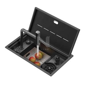 Évier de cuisine encastré simple fait main DN 21.7x13" avec robinet, en acier inoxydable 304, noir nano moderne, quatre trous, pour camping-car, bar, <span class=keywords><strong>coin</strong></span> café - Product Image 2