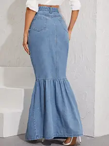 Special Design Custom Button-Up Denim Mermaid Ruffle Hem Maxi Skirt Jean Skirt Women Denim Fall Fashion Long Denim Skirt