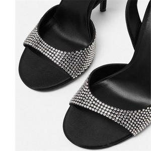 Xinzirain personnalisé nouveauté été sandales Femme sandales en cuir noir à bout ouvert strass bride à la cheville talon mince Slingbacks - Product Image 5