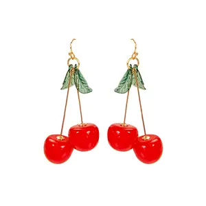 Fruit cherry earrings delicate green leaf earrings cartoon cute resin stylish cheap earrings