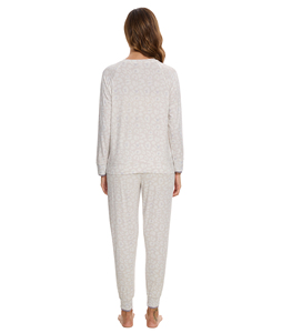 En stock, livraison rapide, ensemble de pyjama en fibre de bambou pour femmes, 2 pièces, manches longues, col rond, motif, doux et confortable, vêtements de détente - Product Image 4