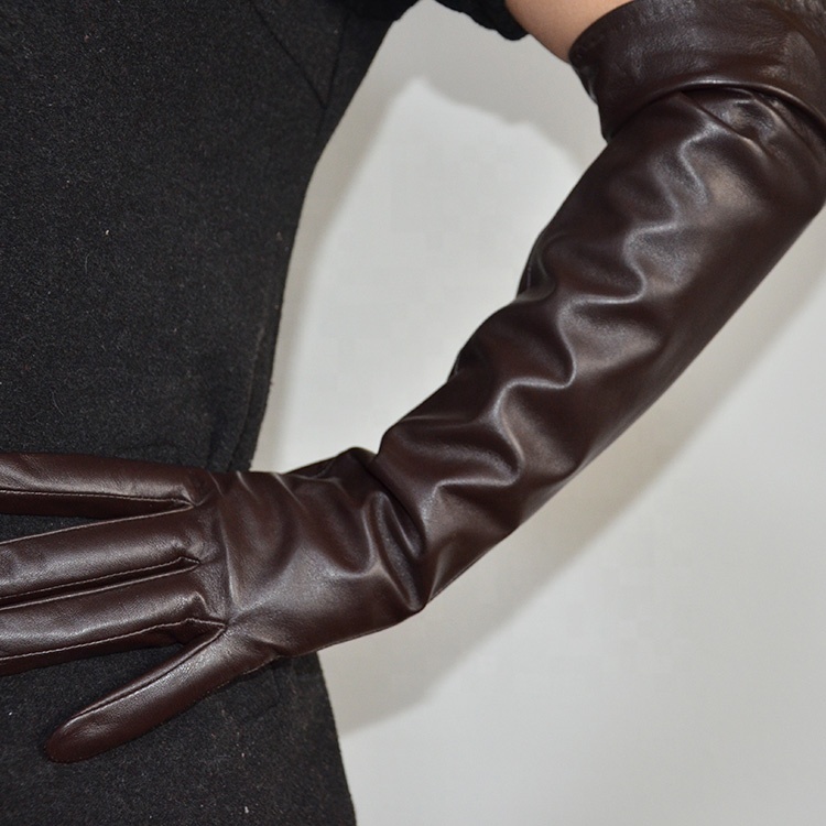 Длинные кожаные перчатки из овечьей шкуры коричневого цвета