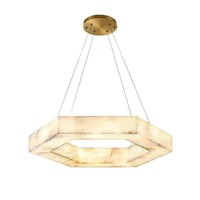 Table d'îlot de salle à manger multi-faces de style moderne et luxueux haut de gamme avec lampe suspendue en travertin espagnol naturel