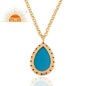 Turquoise Gemstone Sapphire Set <b>Pendant</b> Designer Gold Plated 925 <b>Silver</b> <b>Chain</b> <b>Pendant</b> Necklace Indian Jewelry Wholesale - Product Image 2