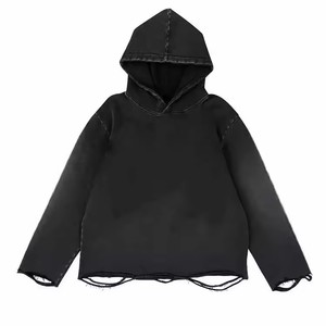 Sudaderas con capucha rotas vintage con estampado de pantalla de logotipo personalizado, sudadera recortada suelta lavada con ácido desgastado, ropa de calle para hombre, sudaderas con dobladillo crudo en blanco - Product Image 3
