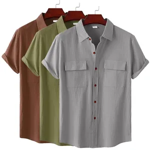 New Men's Cotton Linen Summer Short Sleeve Shirt Solid Color Breathable Hawaiian Beach Blouse polo t shirts men cotton