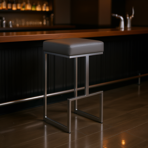 Sgabello da Bar Imbottito Grigio con Base Cromata, Design Moderno e Contemporaneo, Arredamento Commerciale - Product Image 2