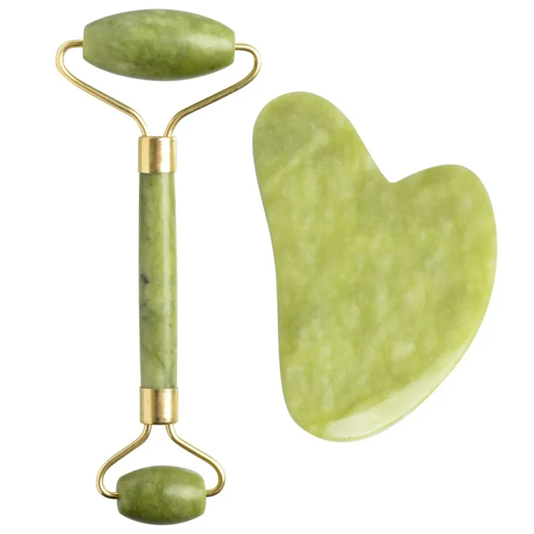 WELLFLYER Original Artesanato Verde Natural Jade Roller Para Rosto Gua Sha Set Beleza Cosméticos Facial Pele Rolo Massageador Ferramenta