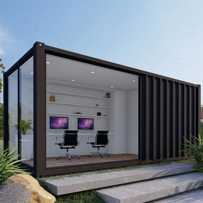 Casa de contêiner pré-fabricada para escritório, trailer de design moderno, casa minúscula para quatro, feita de aço e painel sanduíche para uso em apartamentos