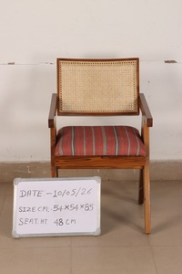 Nordic Style Arm <b>Chair</b> with <b>Cane</b> Woven Backrest and Striped Upholstered Seat Solid Wood Frame for Modern Home Cafe Restaurant - Product Image 2