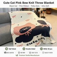 Plaid en tricot Popcorn à motif chat noir mignon, nœud rose et pois, pour chambre, canapé, cadeau, maison, vente en gros, personnalisé