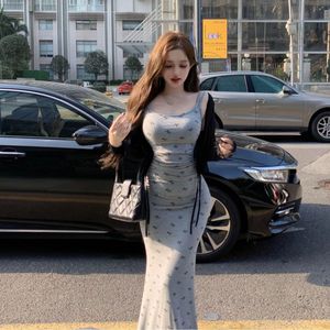 Gray Bow Print Bodycon Dress Long Skirt Women Summer Waist Cinching Slimming Fishtail Style - Product Image 2
