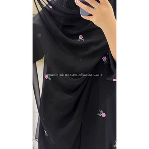 Abaya Modesta para Mujer Habib, Abaya de Chifón con Bordado de Flores Estilo Dubái 2026, Abaya Negra Abierta, Conjunto con Hiyab, Ropa Islámica - Product Image 3
