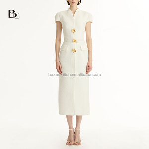 <span class=keywords><strong>Abbigliamento</strong></span> di fascia alta all'ingrosso di alta qualità OEM/ODM di fabbrica <span class=keywords><strong>su</strong></span> <span class=keywords><strong>misura</strong></span> colletto corto con maniche corte con tasche per cintura abito Midi in Tweed dritto - Product Image 1