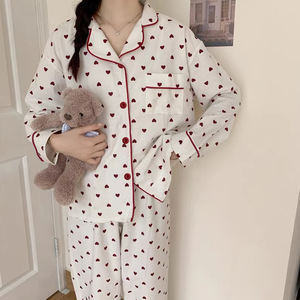 Piyama Wanita Motif Cinta Manis Musim Semi dan Gugur, Setelan Celana Panjang Berkerah Cardigan Lengan Panjang, Baju Tidur Nyaman - Product Image 6