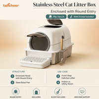 Bac à litière pour chat en acier inoxydable Tailcheer, avec capot fermé, entrée ronde, couvercle rabattable, pelle à litière incluse, vente en gros OEM ODM