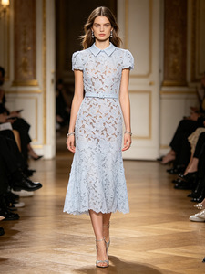 Abiti Midi <span class=keywords><strong>con</strong></span> Maniche Corte e Pizzo Floreale per Donne, Colletto Rovesciato <span class=keywords><strong>con</strong></span> Design a <span class=keywords><strong>Cintura</strong></span>, Vestito Formale da Sera per Feste - Product Image 1