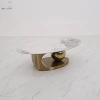 Table Basse Scandinave de Luxe en Acier Inoxydable Doré, Ovale et Moderne, avec Plateau en Pierre Frittée, pour Salon