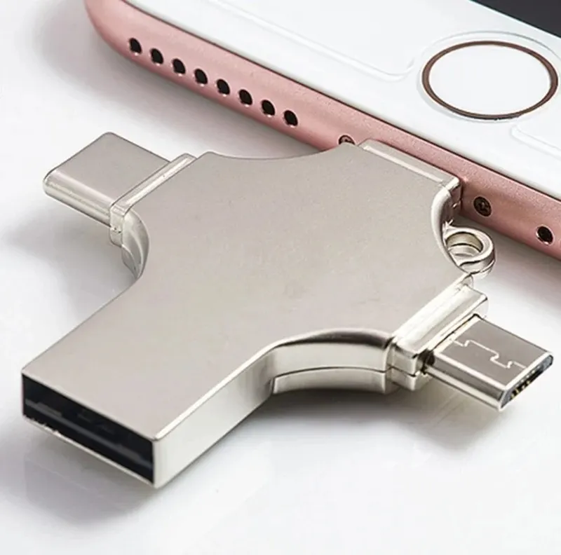 محرك فلاش USB 4 في 1 3.0 otg بطاقة ذاكرة معدنية من النوع c محرك القلم قرص USB فلاش 8 جيجابايت 16 جيجابايت 32 جيجابايت 64 جيجابايت 128 جيجابايت 256 جيجابايت شعار مخصص