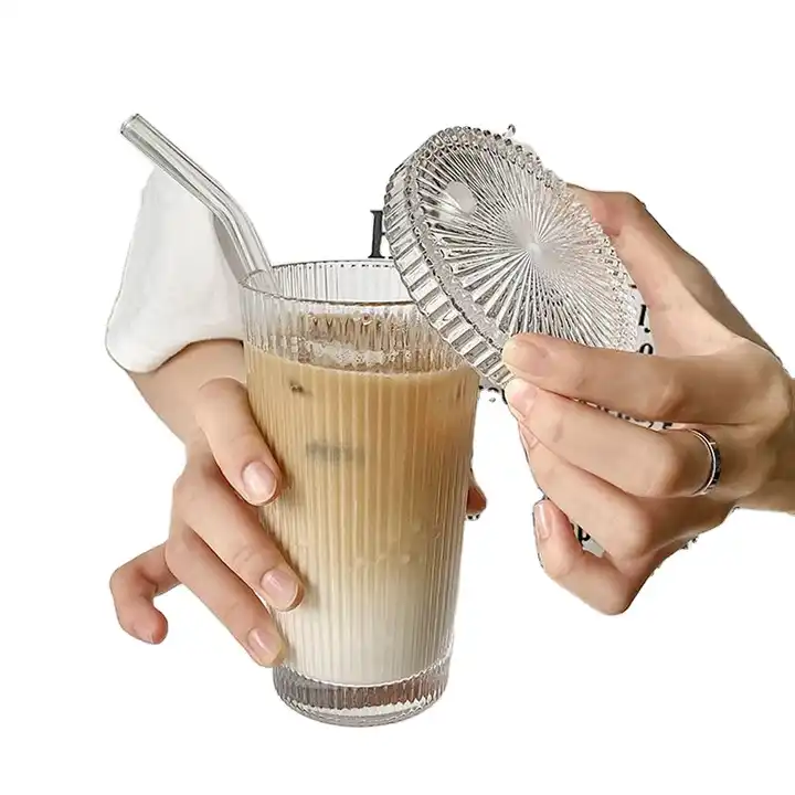 Striped Glass Iced Coffee Cup To Go Cup With Lid And Striped Straw