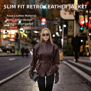 Women's Autumn Winter New American Style Retro Stand Collar <b>Belt</b> <b>Slim</b> Fit Short Solid Eco-Friendly Leather Jacket - Product Image 2