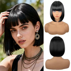 Perruque <span class=keywords><strong>courte</strong></span> de 10 pouces avec <span class=keywords><strong>frange</strong></span>, fibre haute température, aspect naturel, synthétique, dentelle frontale pré-coupée, sans colle - Product Image 6