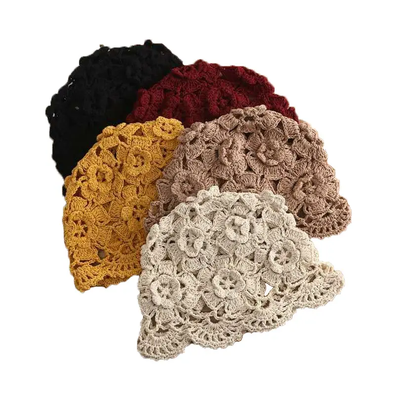 Wholesale handwoven flowers hollow thin hat spring summer lace breathable headscarf hat crochet head cotton thread hat for women