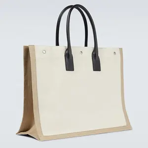Benutzer definierte Logo Heavy Duty Baumwolle Leinwand Einkaufstasche Handtasche Klassische Schwarz-Weiß Initial Canvas Schulter Tragetaschen