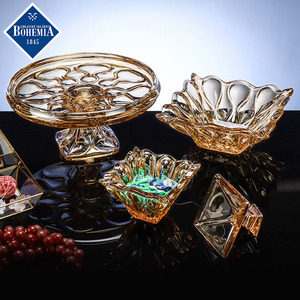 Bohemia Crystal Lex Amber Crystal Fruit Bowl Round Relief Carving Home Decoration Art - Product Image 3