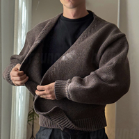 Cardigan en maille respirant à col en V croisé pour homme, personnalisé OEM, avec ourlet côtelé de haute qualité, coupe courte et épaules tombantes, idéal pour le quotidien