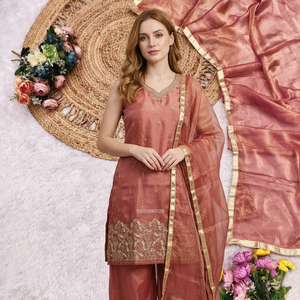 Ensemble Salwar Kameez en soie satinée pour femmes, brodé de paillettes, col en V, pantalon Plazzo avec dupatta pour fête et mariage - Product Image 5
