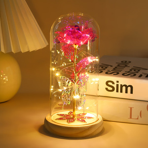 Nueva luz Led 24K hoja de oro cúpula de cristal Rosa regalo para el Día de San Valentín Regalo de Cumpleaños galaxia Flor Mariposa en cúpula de cristal - Product Image 5