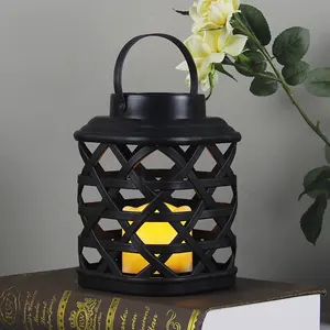 Wedding Decor Black Hollow Hanging Plastic Pillar Candle Holder Battery Operated Candle Lantern With LED Candle