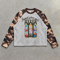 Chemise à manches raglan en tricot avec impression graphique DTG, chemise personnalisée en coton surdimensionnée avec impression numérique, chemise thermique à manches longues en tissu gaufré camouflage