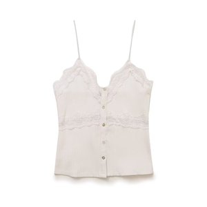 T-shirt Halter côtelé en dentelle à boucle de couleur unie pour femme – Tendance - Product Image 3